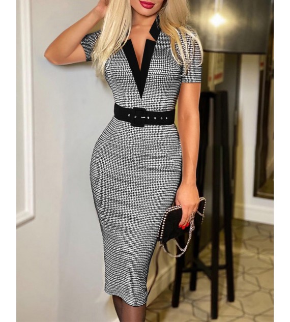 Houndstooth Print V-Cut Work Dress With Belt