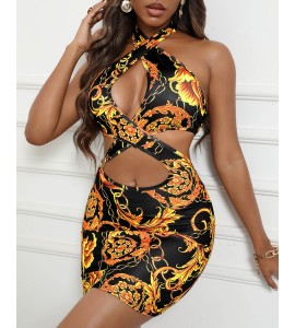 Halter Floral Chain Print Cutout Bodycon Dress