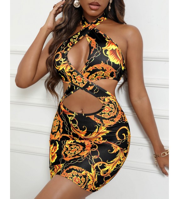 Halter Floral Chain Print Cutout Bodycon Dress