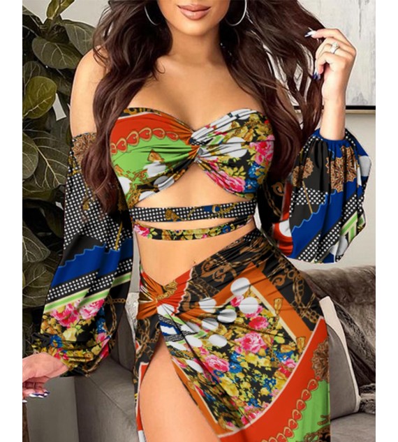 Baroque Print Twist Front Cut-Out Tube Top & Split Thigh Skirt Set