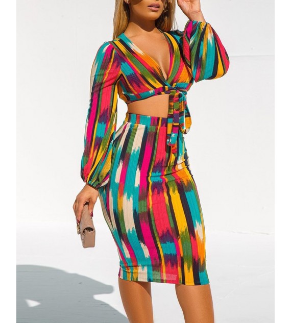 Color Lantern Sleeve Crop Top & Midi Skirt Sets