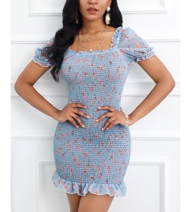 Floral Print Ruffle Trim Mini Women Dress