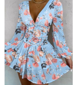 Floral Print V-Neck Lace Up Fold Pleat Dress