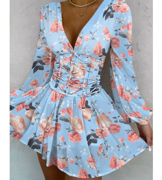 Floral Print V-Neck Lace Up Fold Pleat Dress