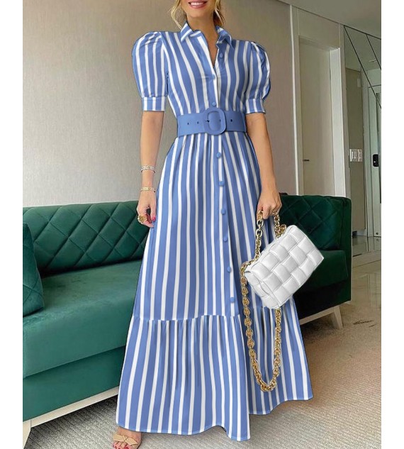 Striped Button Front Puff Sleeve Shirt Dress