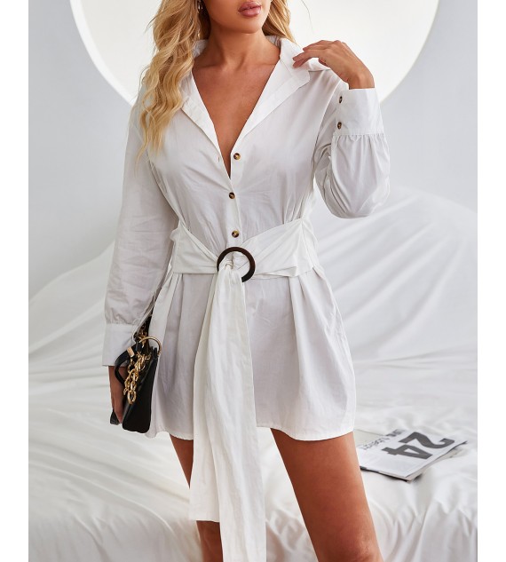 Lantern Sleeve Buttoned Tied Detail Shirt Dress
