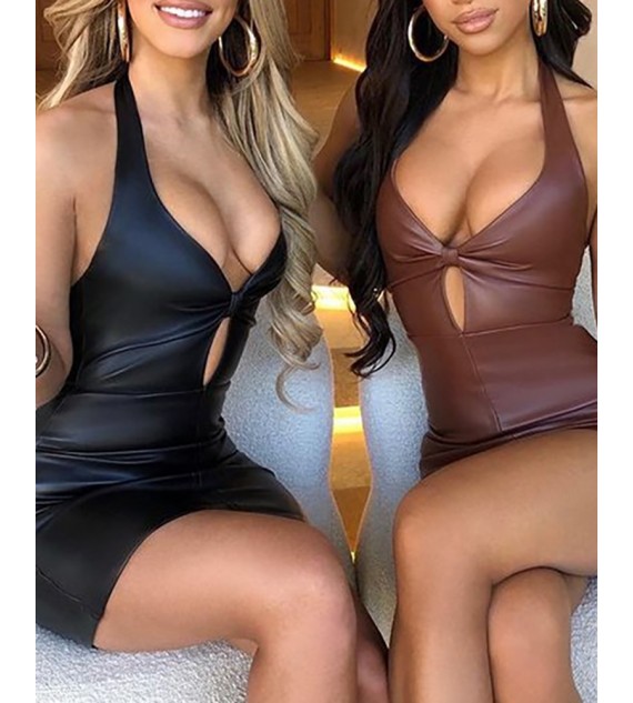 PU Leather Halter Cutout Bodycon Dress
