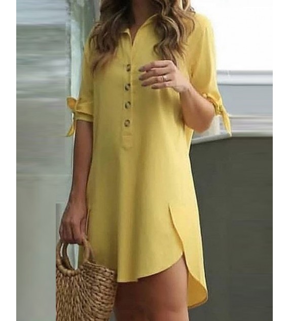 Solid Color Button Front Curved Hem Lace-up Shirt Dress