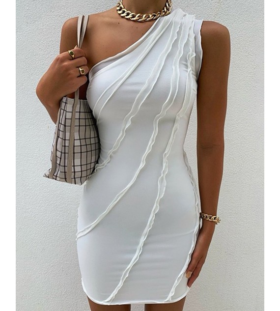 Solid Color Frill Trim One Shoulder Bodycon Mini Dress