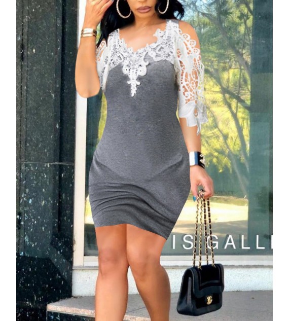 Contrast Lace Cold Shoulder Mini Bodycon Dress Casual Contrast Cold Shoulder Short Sleeve Robe
