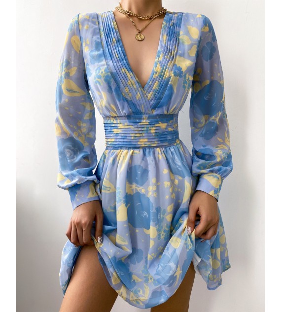 Floral Print V-Neck Long Sleeve Dress