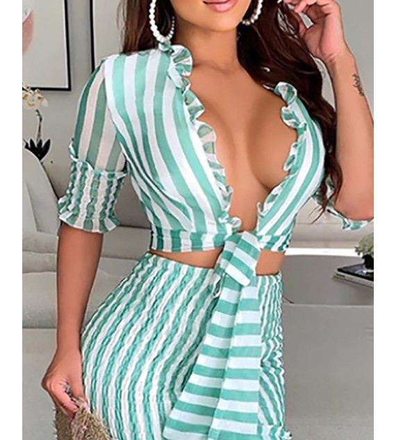 Striped Print Deep V Neck Maxi Bodycon Women Dress