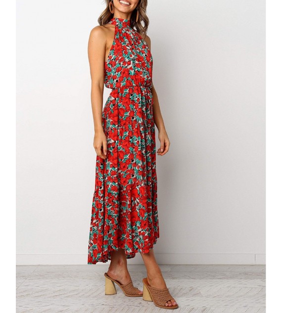 O Neck Sleeveless Floral Print Ruched Maxi Dress