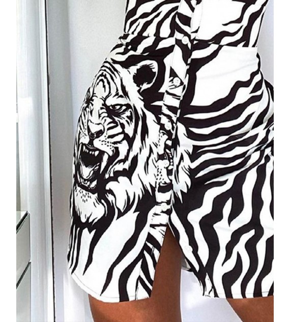 Long Sleeve Button Design Tiger Print Casual Shirt  Dress Slim Mini Shirt Dress