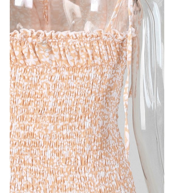 Floral Print Spaghetti Strap Shirring Dress