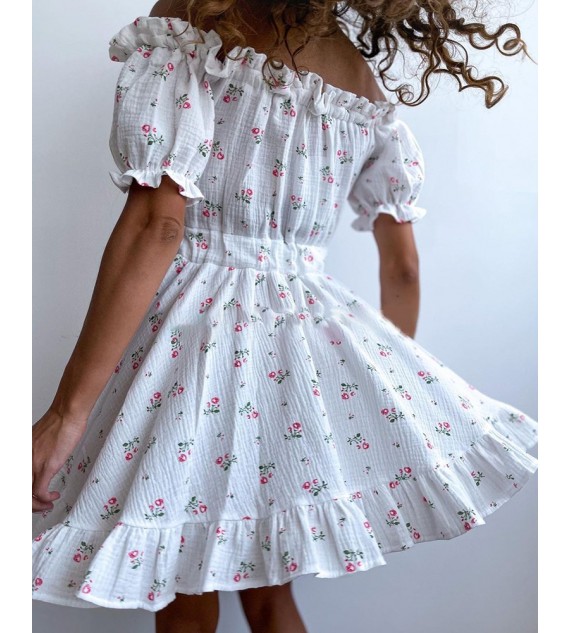 Off Shoulder Frill Hem Ditsy Floral Print Dress