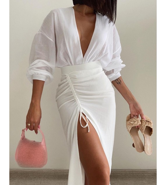 Plunge Long Sleeve Top & Drawstring Slit Skirt Set