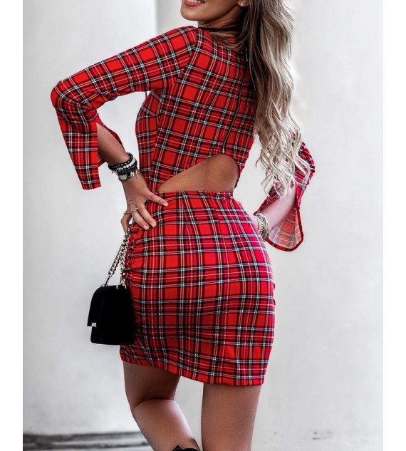 Plaid Cutout Back Slit Bodycon Women Dress