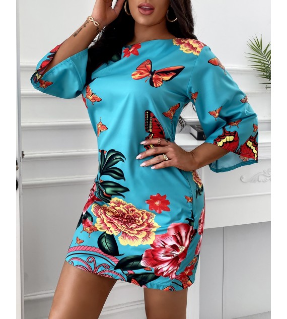 Half Sleeve Butterfly Floral Print Dress