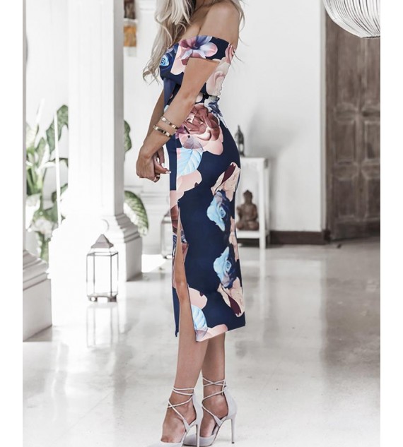 Off Shoulder Floral Side Split Midi Women Dress