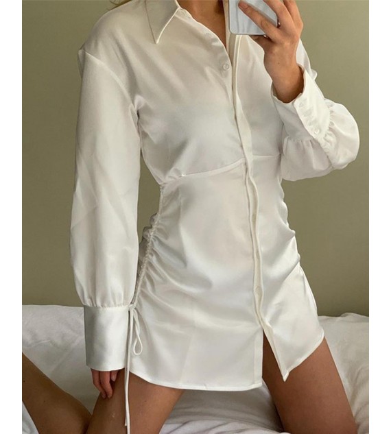 Satin Side Drawstring Women Shirt Dress