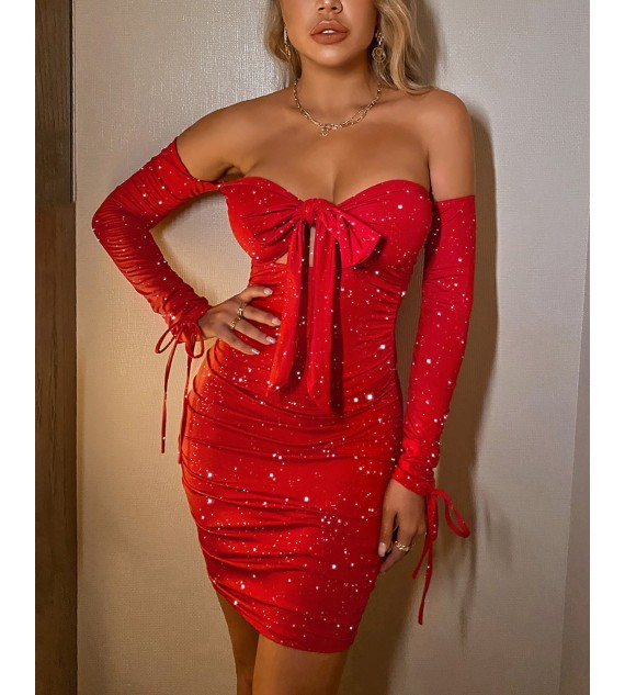 Glitter Off Shoulder Ruched Bodycon Dress
