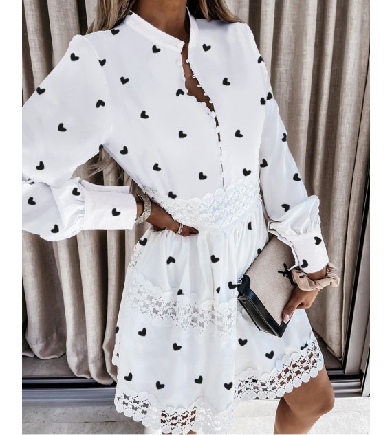 Lace Patch Heart Print Lantern Sleeve Shirt Dress