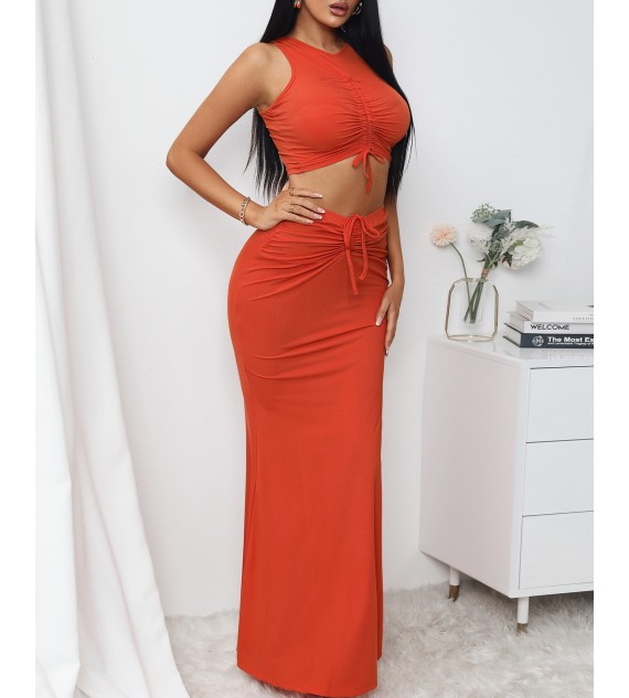 Ribbed Drawstring Sleeveless Top & Maxi Skirt Set