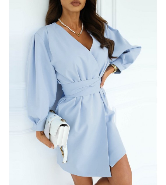 Lantern Sleeve Ruched Wrap Casual Dress