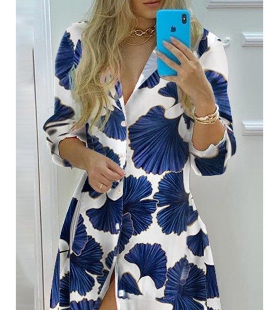 Graphic Print Long Sleeve Button Front Shirt Dress