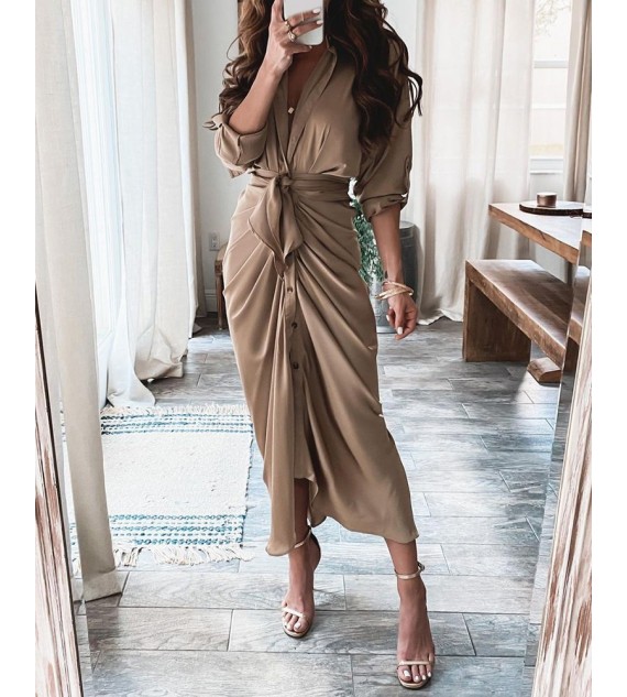 High Slit Button Front Long Sleeve Shirt Dress