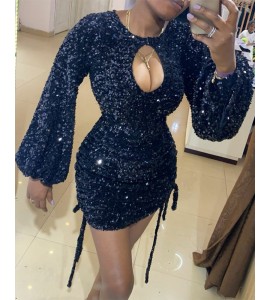 Sequin Keyhole Neckline Drawstring Ruched Party Dress