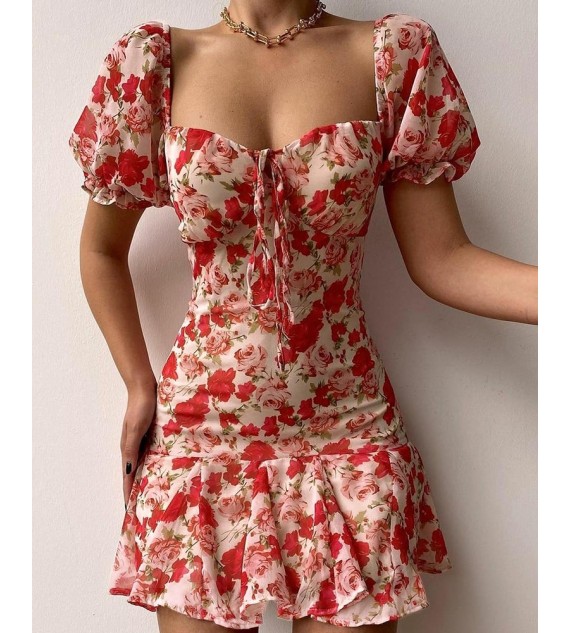 Floral Print Puff Sleeve Ruffle Hem Dress Short Sleeve Summer Dress