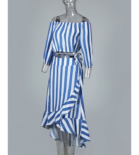 Striped Off Shoulder Top & Ruffles Skirt Sets