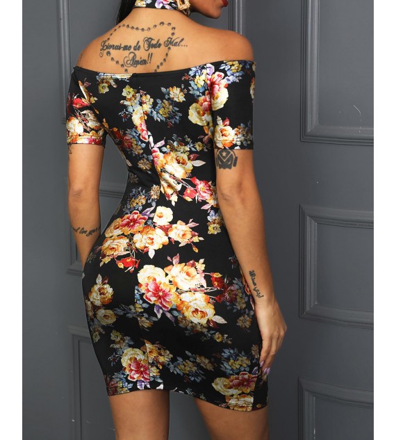 Floral Print Cold Shoulder Bodycon Dress