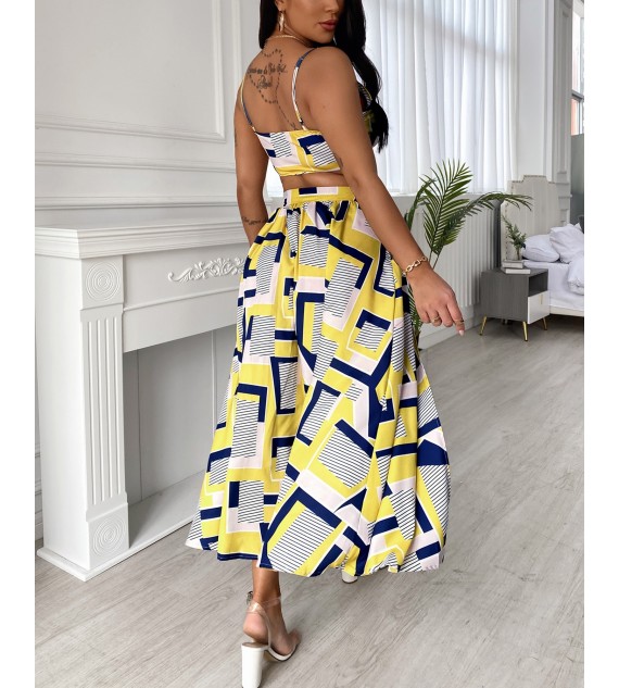 2 Pcs Crop Top & Maxi Skirt Set Sexy Color Women Sleeveless Vest & Geo Pattern High Slit Dress Suits