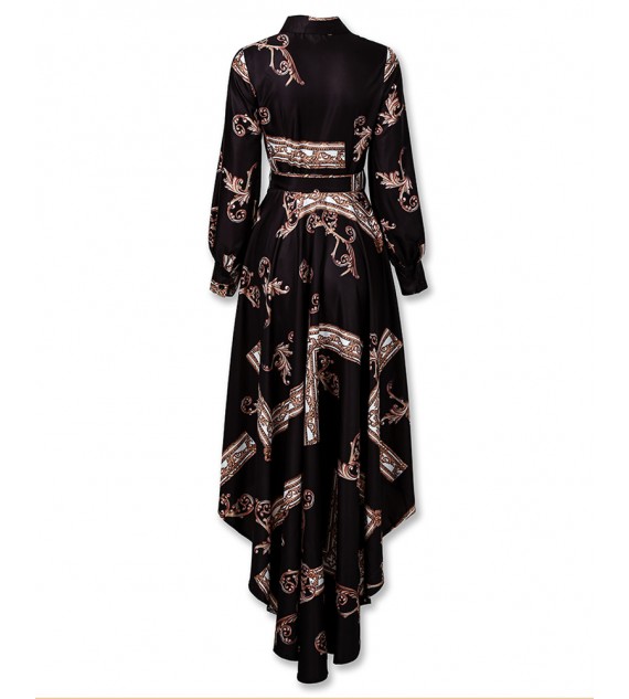 Baroque Print Lantern Sleeve Maxi Dress