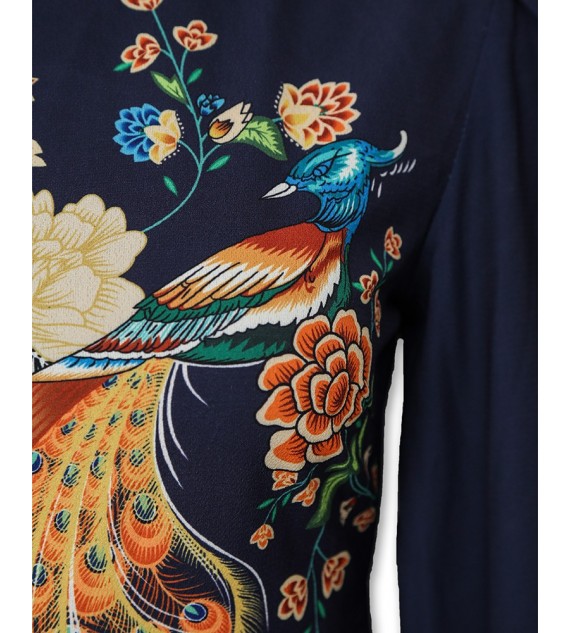 Peacock Print Cutout Back Bishop Sleeve Dress