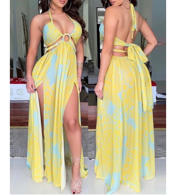 Halter Color High Slit Maxi Dress