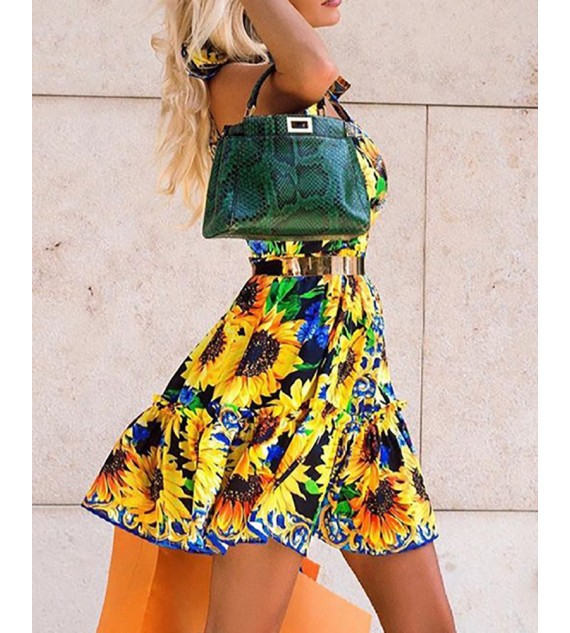 Tied Detail Sunflower Print Dress Without Belt