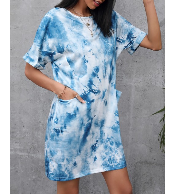 Tie Dye Print Pocket Design Casual Dress