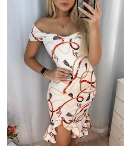 Chain Print Off Shoulder Irregular Ruffles Dress