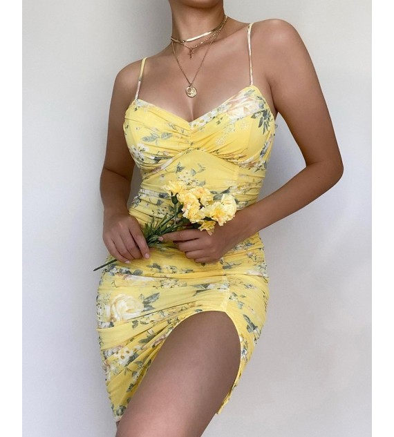 Slit Ruched Floral Print Dress