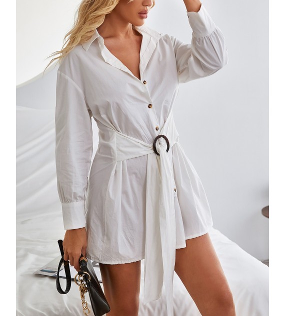Lantern Sleeve Buttoned Tied Detail Shirt Dress