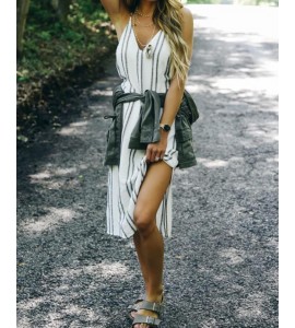Deep V Striped Print Slit Side Casual Women Dress