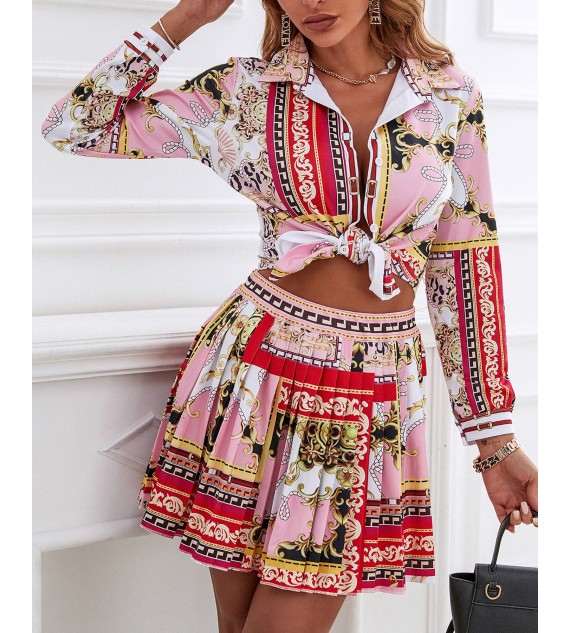 Scarf Print Button Design Shirt & Pleated Skirt Set