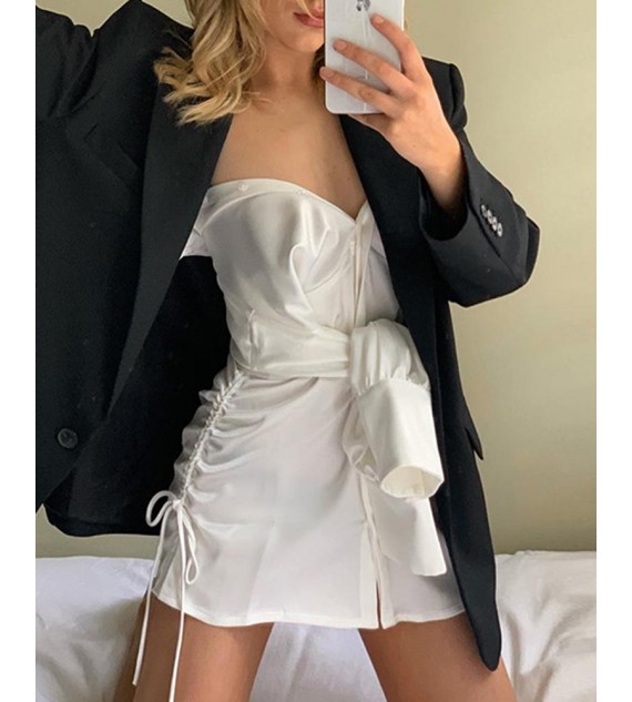 Satin Side Drawstring Women Shirt Dress