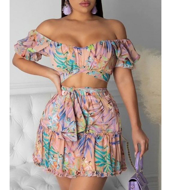 Off Shoulder Floral Print Crop Top & Tied Detail Skirt Sets