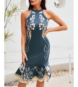 Floral Print Cutout Back High Neck Mermaid Dress