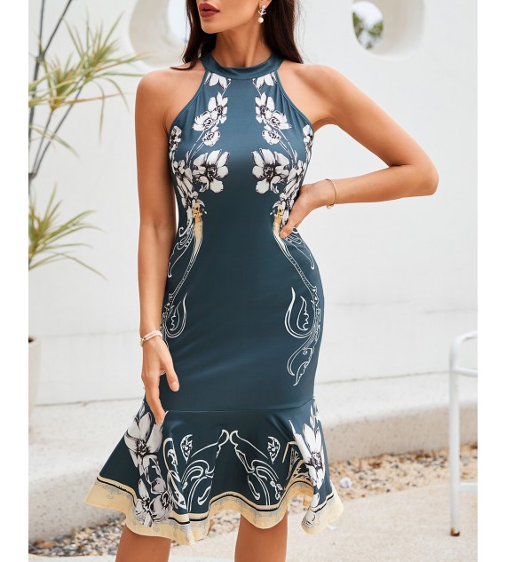 Floral Print Cutout Back High Neck Mermaid Dress